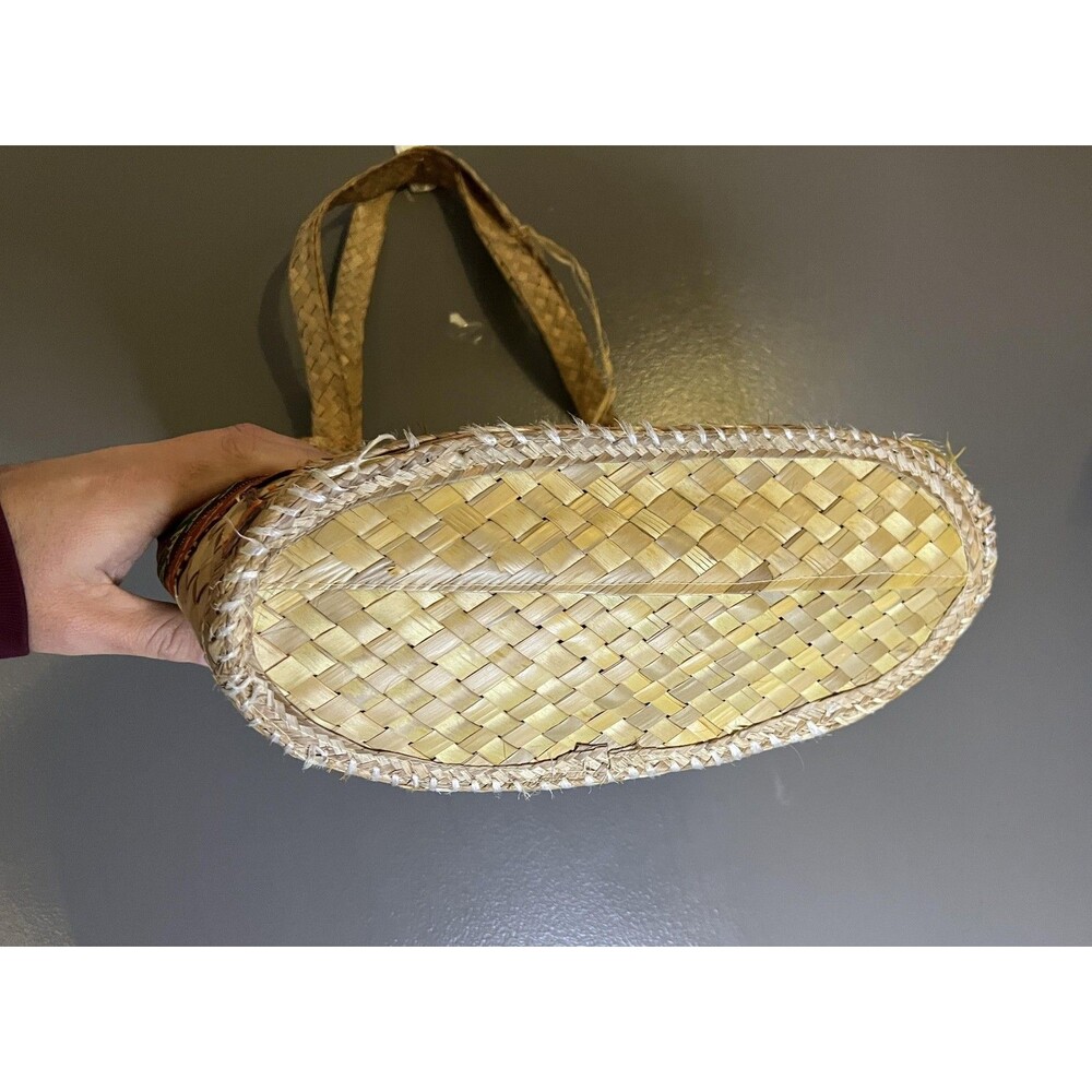 Vintage Straw Tote Bag Womens Large Beige Tropical Floral Applique Lined - Picture 5 of 11